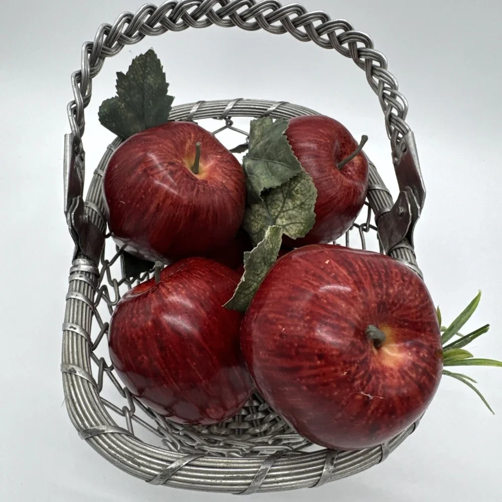 Silver Basket Woven Metal Hinged Handle Natural Patina India W/ Faux Apples